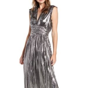 Briella Metallic Halter Pleated Dress In Silver